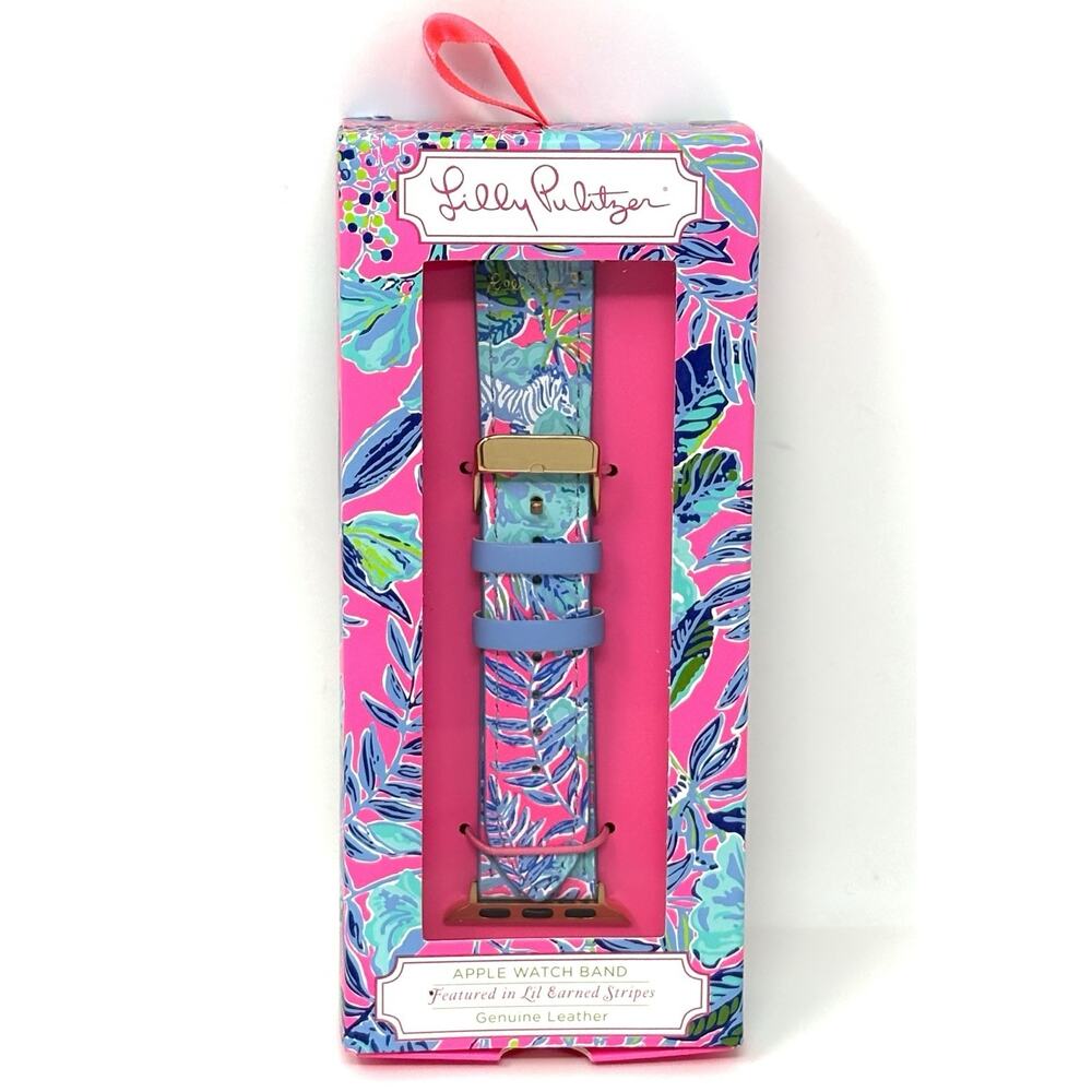 Lilly Pulitzer Pink Blue Leather Apple Watch Band 38,40mm Lil Earned Stripes NIB